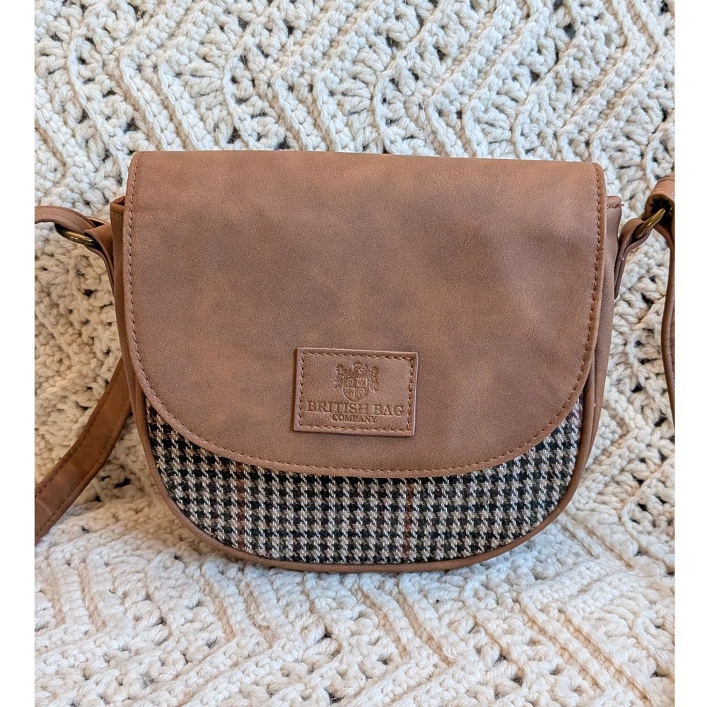 British Bag Company Brown‎ Faux Leather Houndstooth Tweed Crossbody Saddle Bag